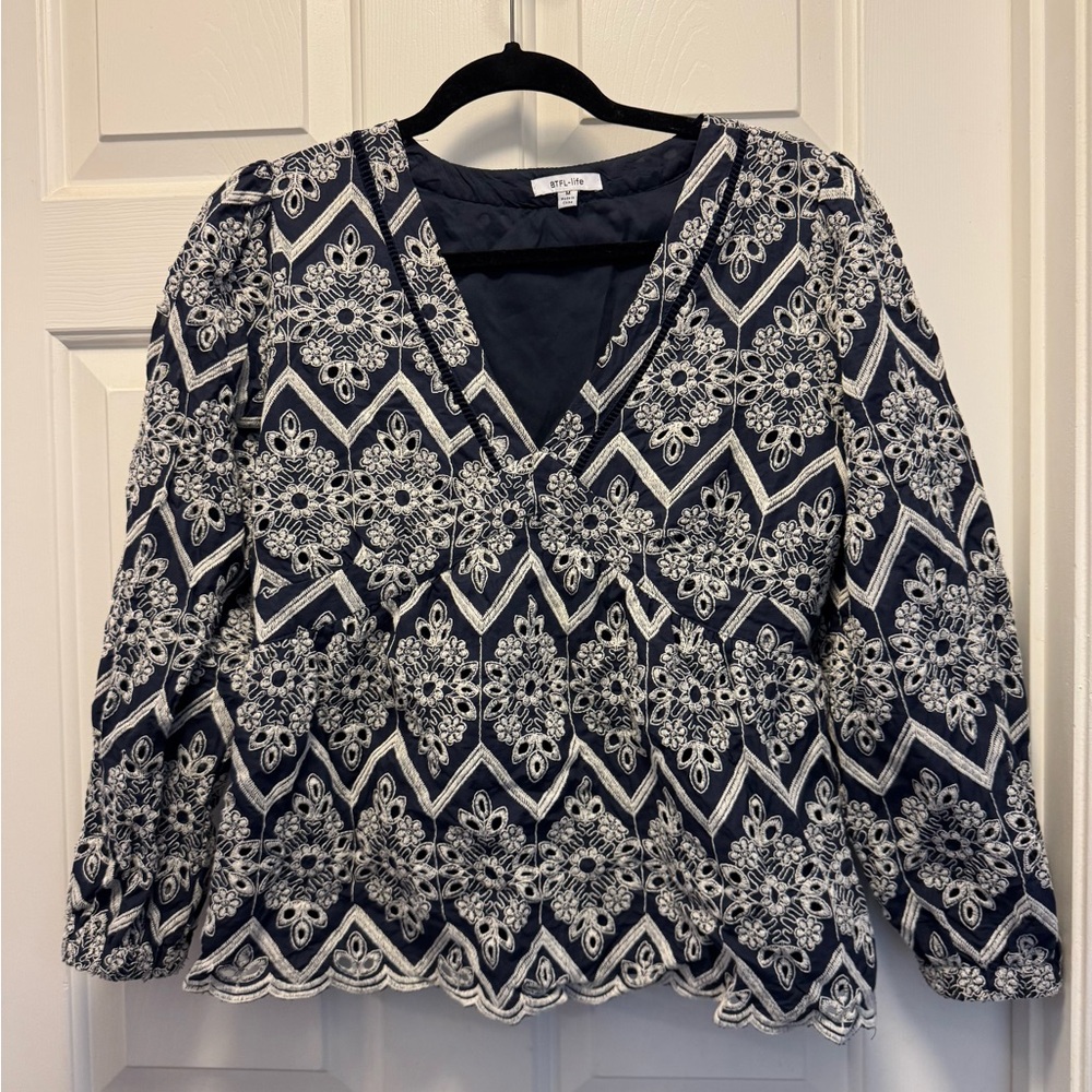 BTFL-Life Navy and White Embroidered Women's Top